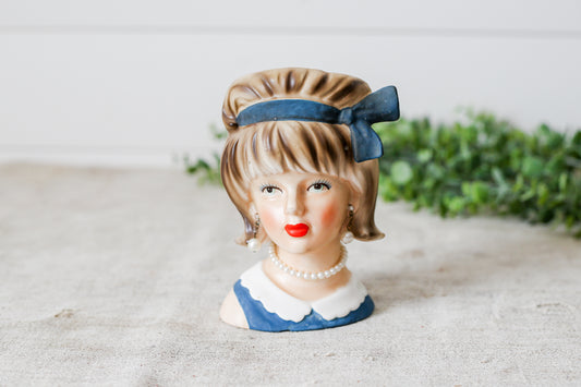 Vintage Blue Lady Head Vase by Enesco