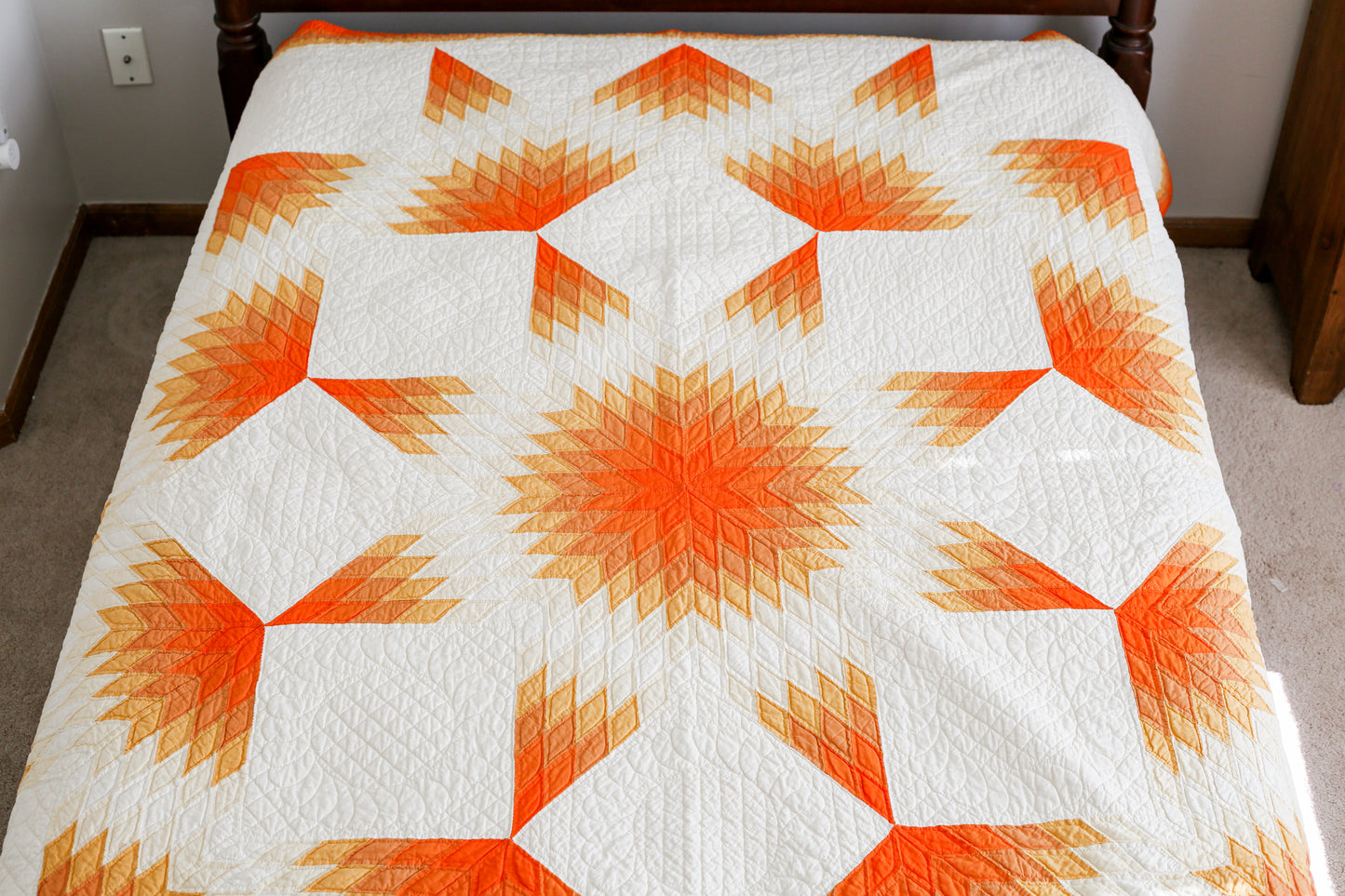 Vintage Orange Ombre Broken Star Quilt with Provenance, c1940