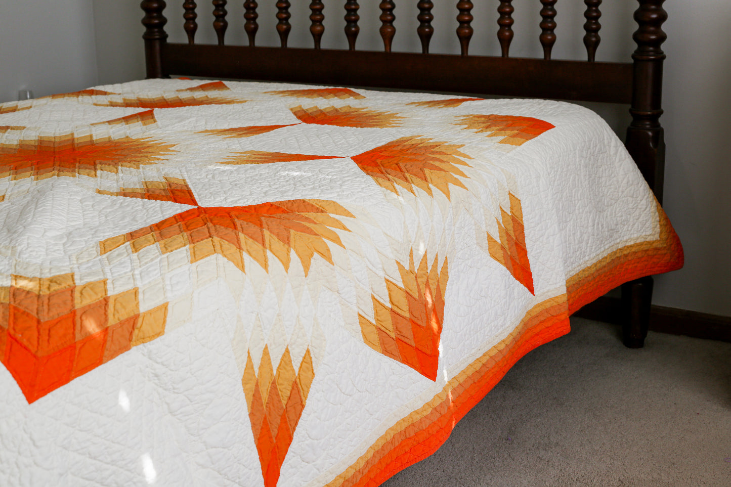 Vintage Orange Ombre Broken Star Quilt with Provenance, c1940