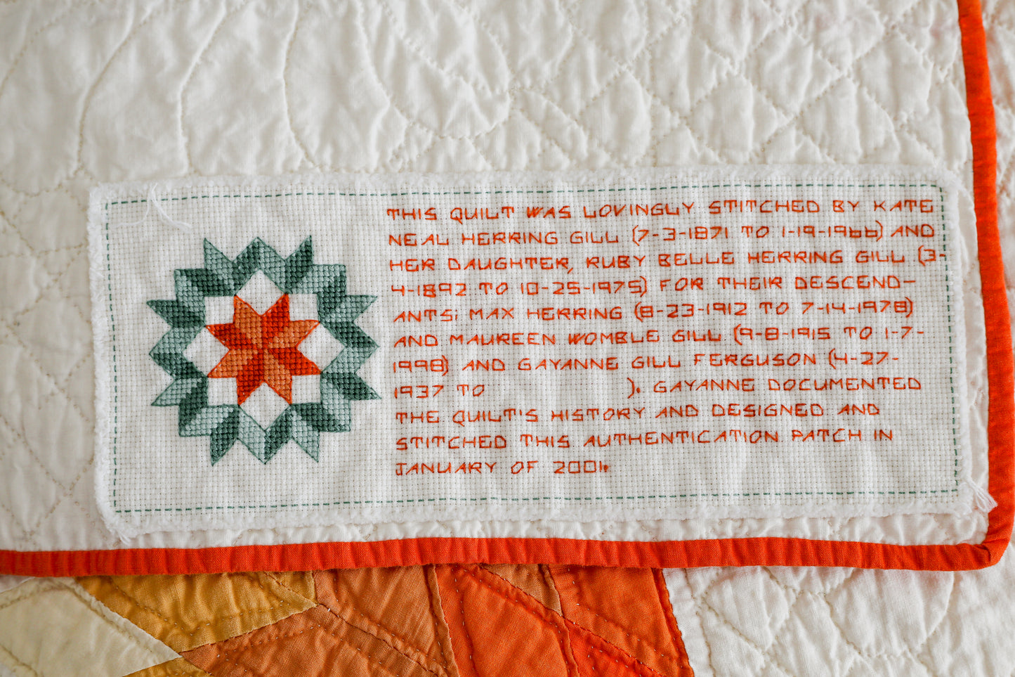Vintage Orange Ombre Broken Star Quilt with Provenance, c1940