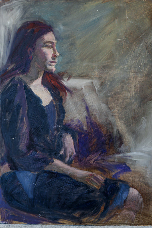 Impressionist oil painting of a female portrait side profile in dark colors of mauve, brown, and black and purple. 