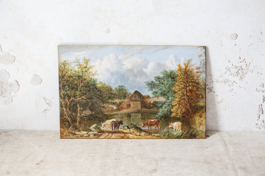 English Oil Painting of Cows by Pond, 19th Century