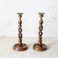 Pair of English Oak Open Barley Twist 12" Candlestick Holders with Brass Thistle Tops, c1900