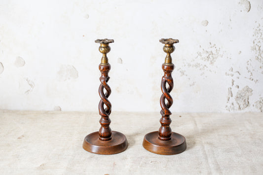 Pair of English Oak Open Barley Twist 12" Candlestick Holders with Brass Thistle Tops, c1900