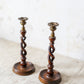 Pair of English Oak Open Barley Twist 12" Candlestick Holders with Brass Thistle Tops, c1900
