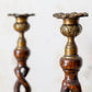 Pair of English Oak Open Barley Twist 12" Candlestick Holders with Brass Thistle Tops, c1900