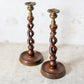 Pair of English Oak Open Barley Twist 12" Candlestick Holders with Brass Thistle Tops, c1900