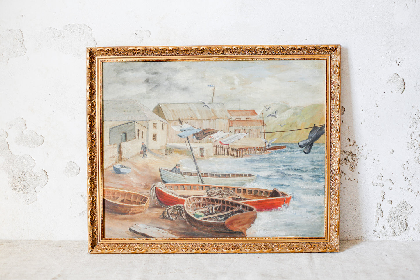 Vintage Oil Painting of English Wharf and Boats