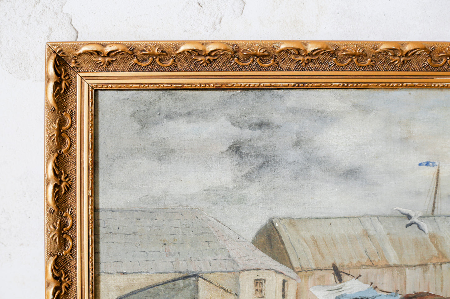 Vintage Oil Painting of English Wharf and Boats