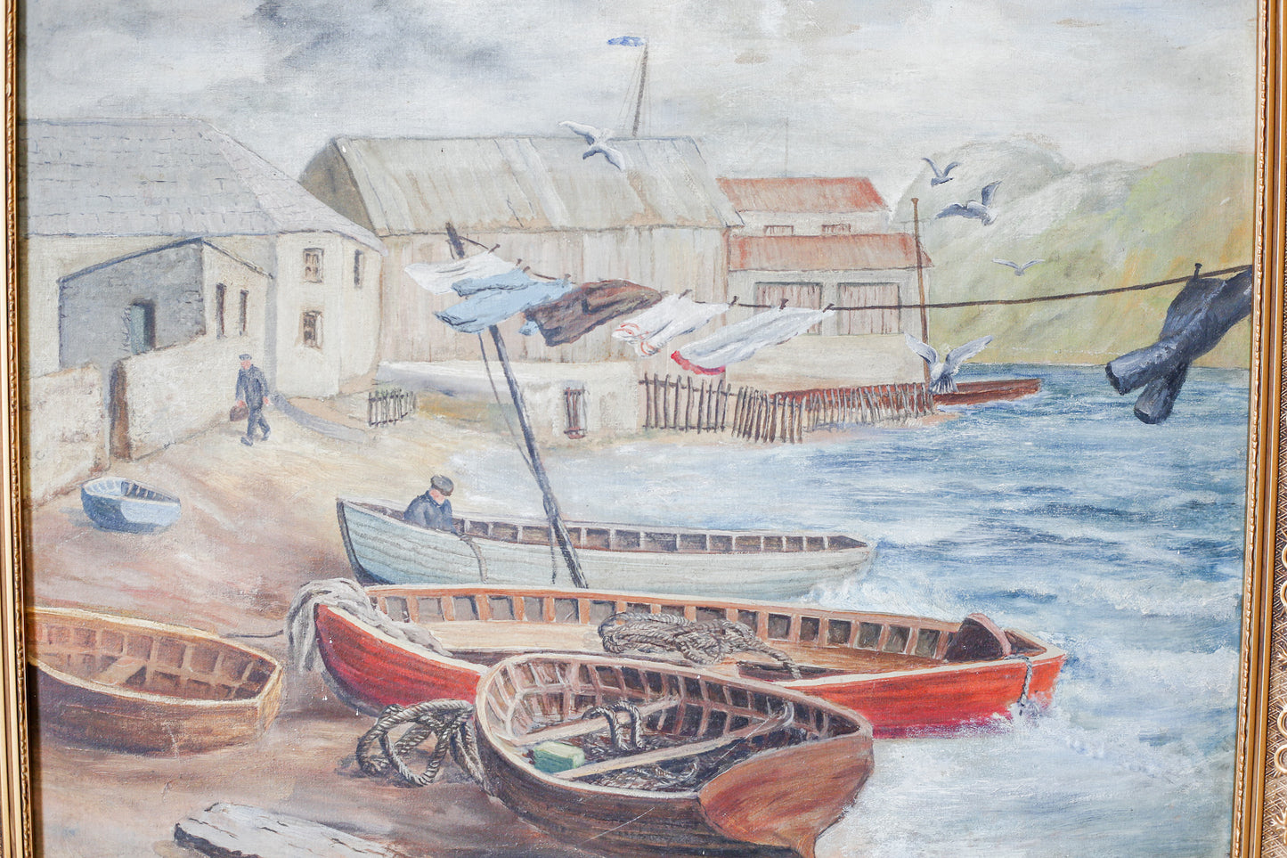 Vintage Oil Painting of English Wharf and Boats