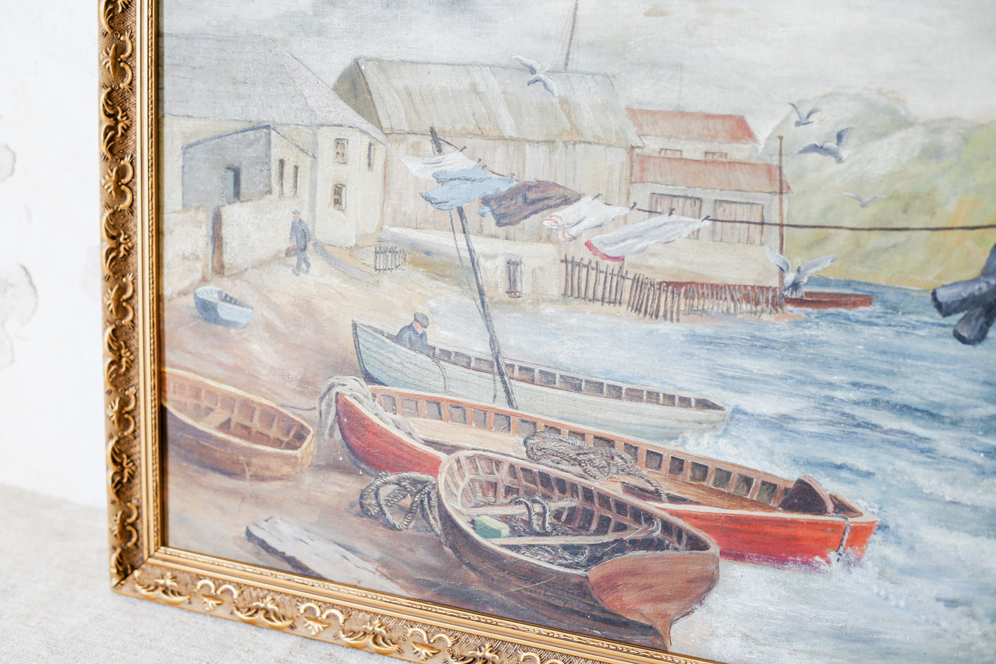 Vintage Oil Painting of English Wharf and Boats