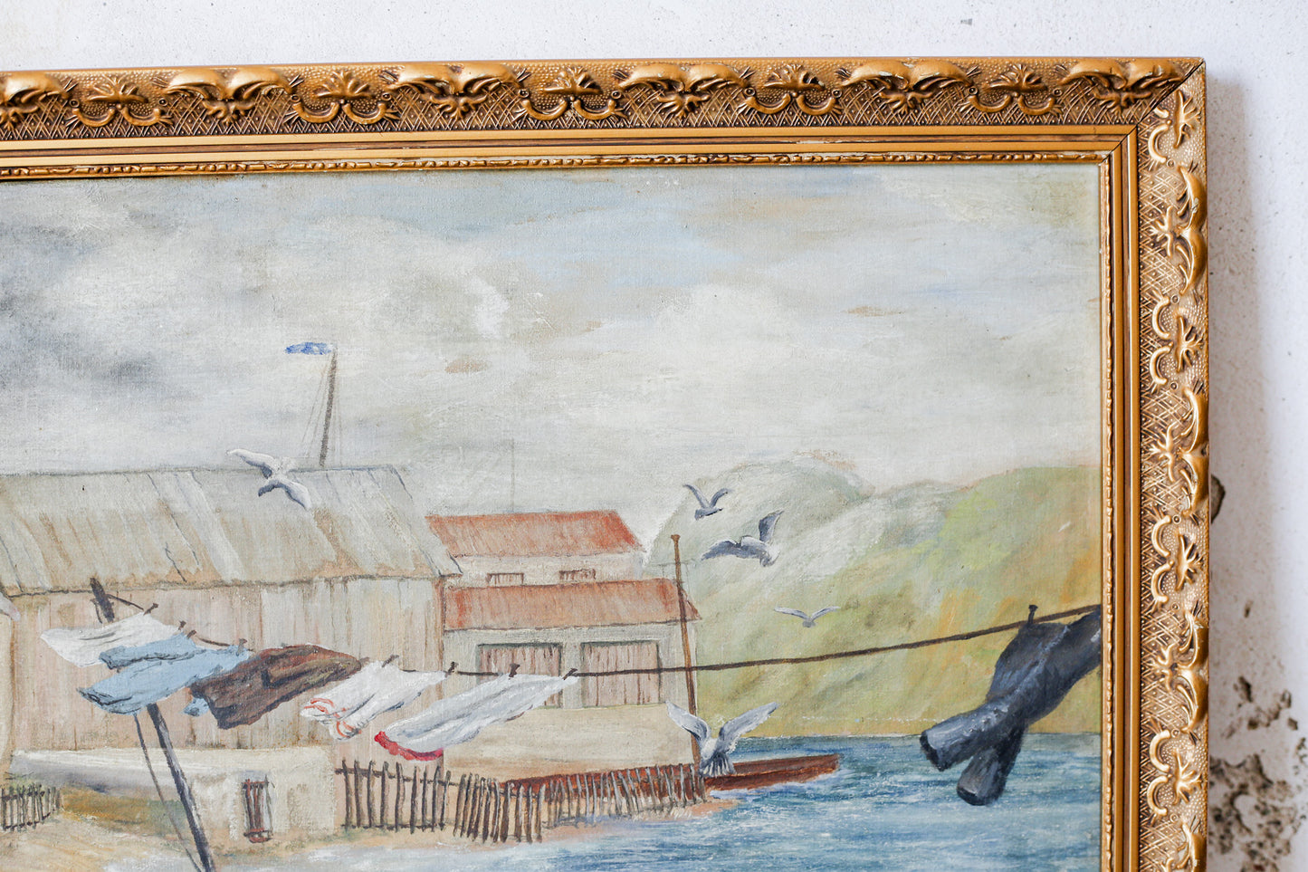 Vintage Oil Painting of English Wharf and Boats