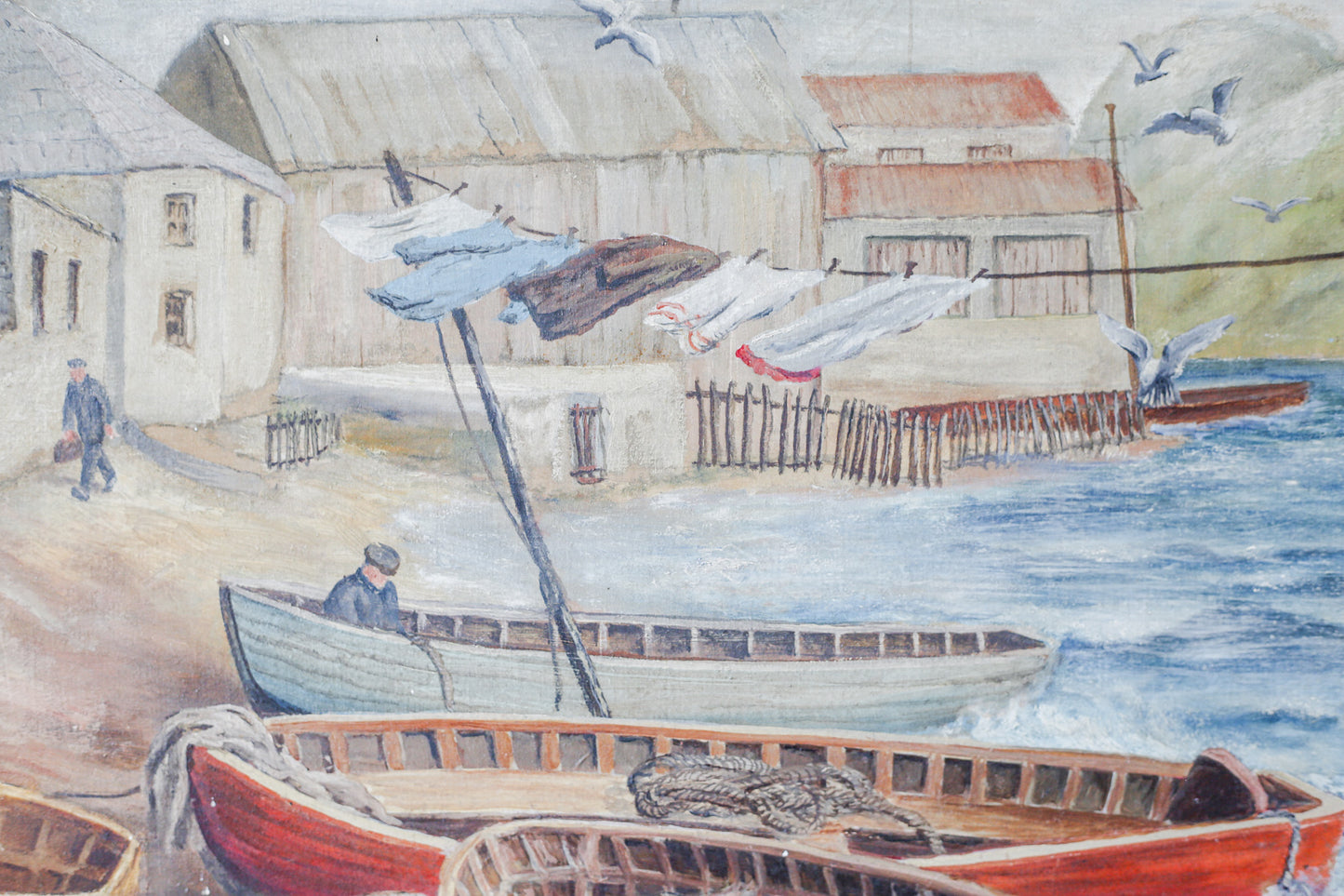 Vintage Oil Painting of English Wharf and Boats