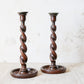 Pair of English Polished Oak and Brass Barley Twist Candlestick Holders, c1920