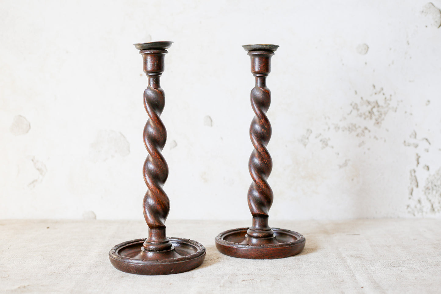 Pair of English Polished Oak and Brass Barley Twist Candlestick Holders, c1920