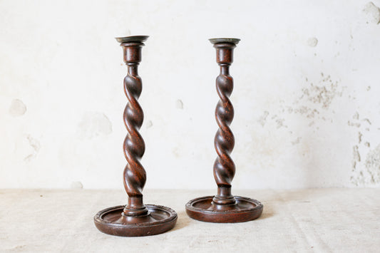 Pair of English Polished Oak and Brass Barley Twist Candlestick Holders, c1920