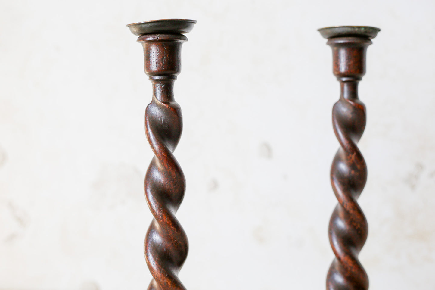 Pair of English Polished Oak and Brass Barley Twist Candlestick Holders, c1920