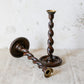 Pair of English Polished Oak and Brass Barley Twist Candlestick Holders, c1920