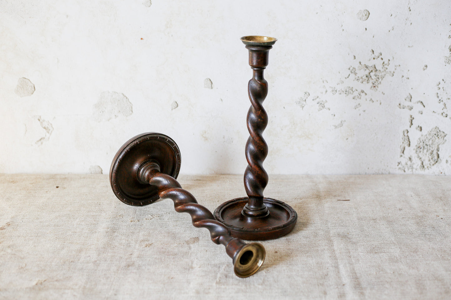 Pair of English Polished Oak and Brass Barley Twist Candlestick Holders, c1920