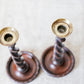 Pair of English Polished Oak and Brass Barley Twist Candlestick Holders, c1920
