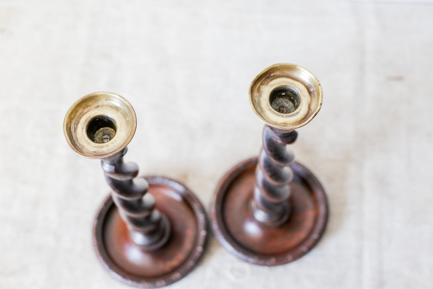 Pair of English Polished Oak and Brass Barley Twist Candlestick Holders, c1920