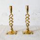 Pair of 19th Century English Cast Brass Open Barley Twist Candlestick Holders with Flared Square Bases