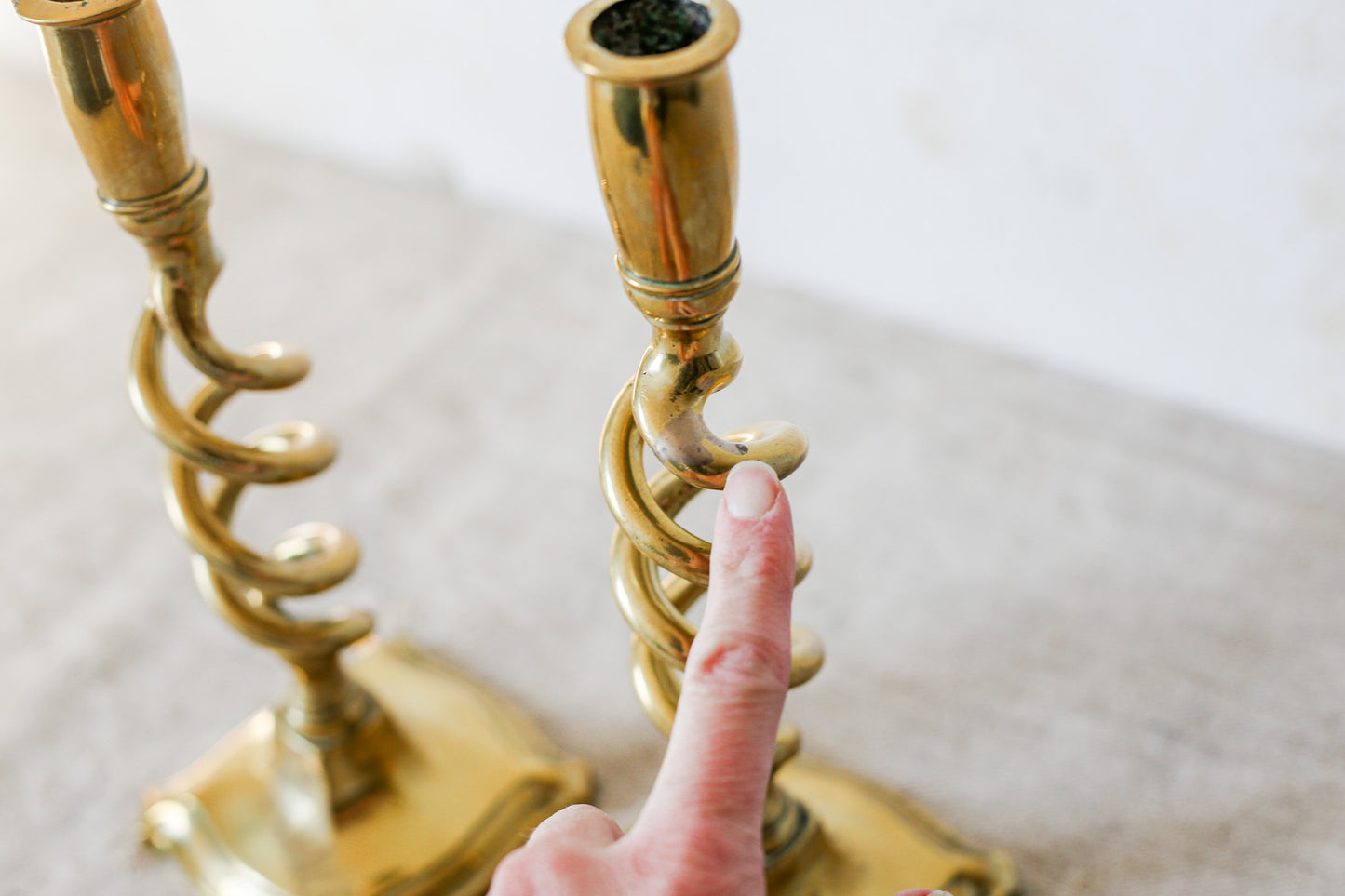 Pair of 19th Century English Cast Brass Open Barley Twist Candlestick Holders with Flared Square Bases
