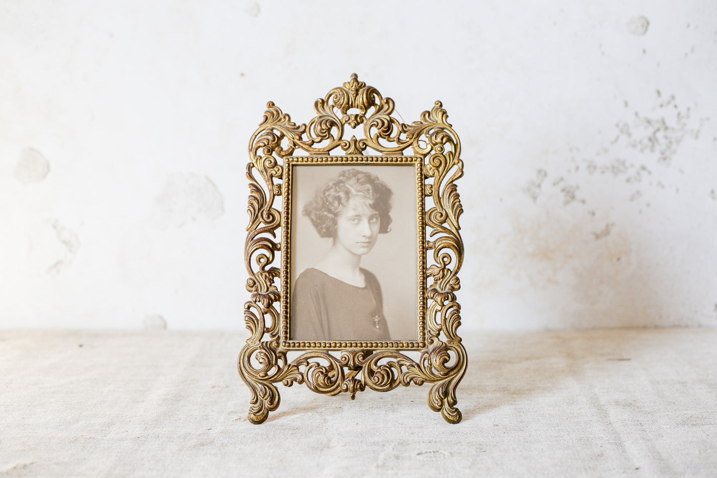 Victorian Gilt Cast Iron Ornate Picture Frame with Antique Photo