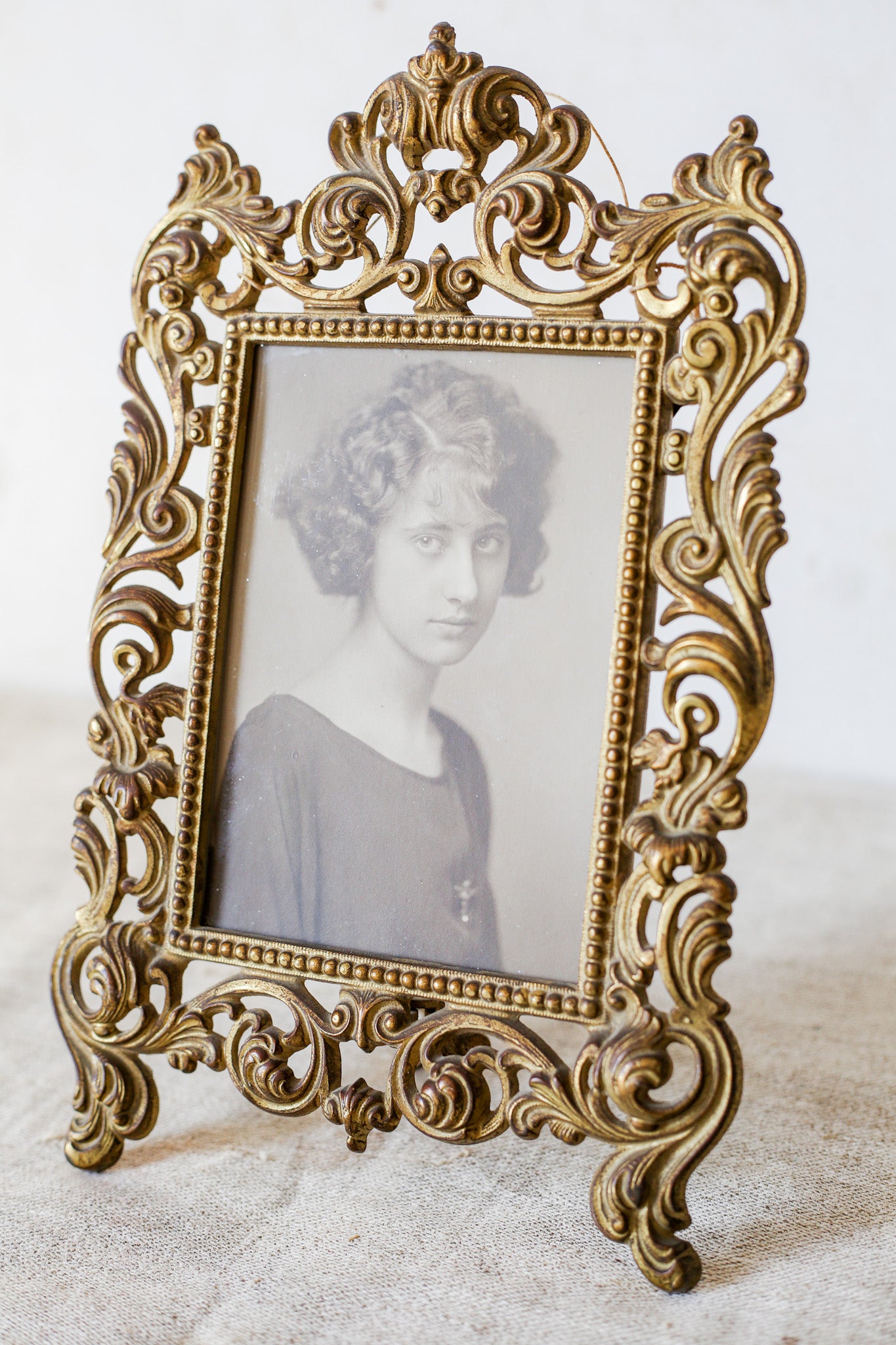 Victorian Gilt Cast Iron Ornate Picture Frame with Antique Photo