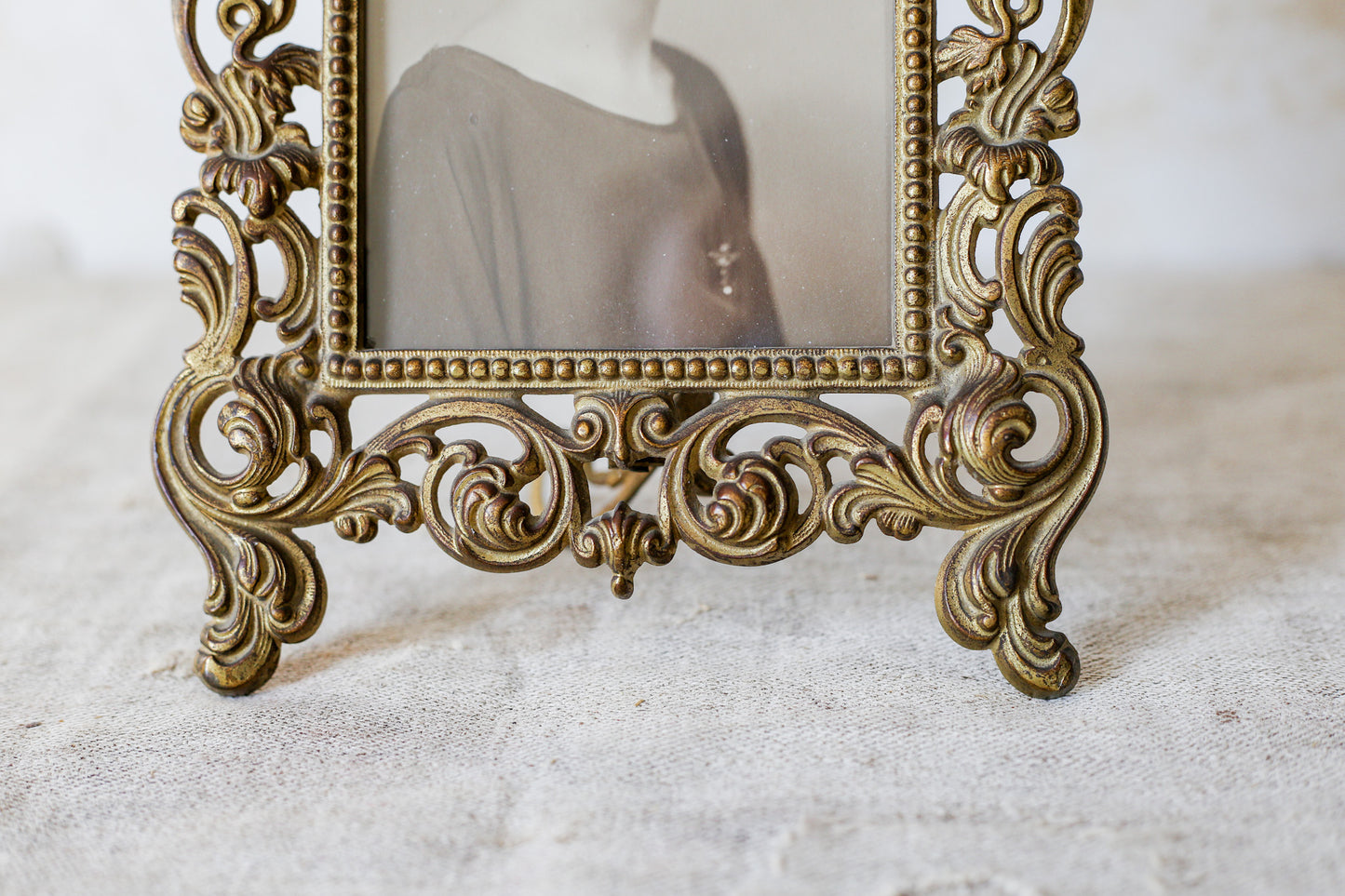 Victorian Gilt Cast Iron Ornate Picture Frame with Antique Photo