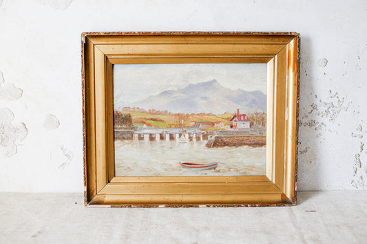 Antique Oil Landscape of Mountains and Lake Harbor