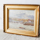 Antique Oil Landscape of Mountains and Lake Harbor