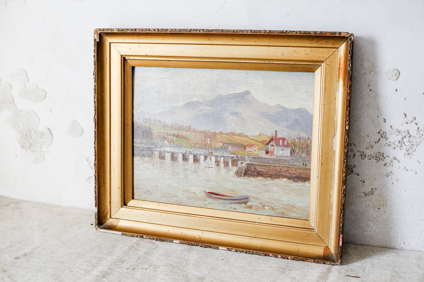 Antique Oil Landscape of Mountains and Lake Harbor