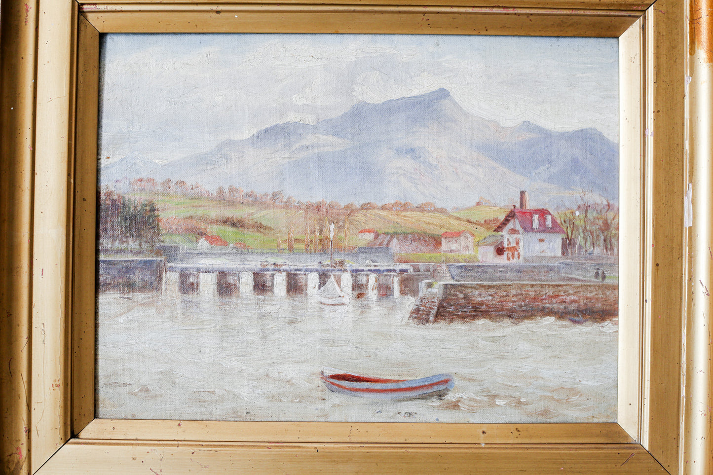 Antique Oil Landscape of Mountains and Lake Harbor