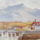 Antique Oil Landscape of Mountains and Lake Harbor