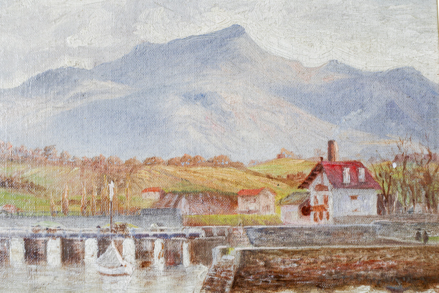 Antique Oil Landscape of Mountains and Lake Harbor