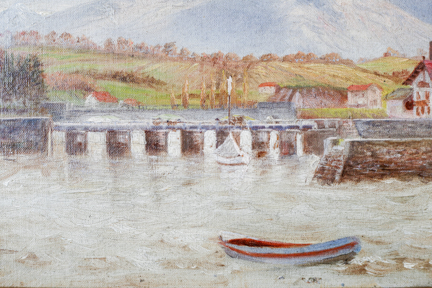 Antique Oil Landscape of Mountains and Lake Harbor