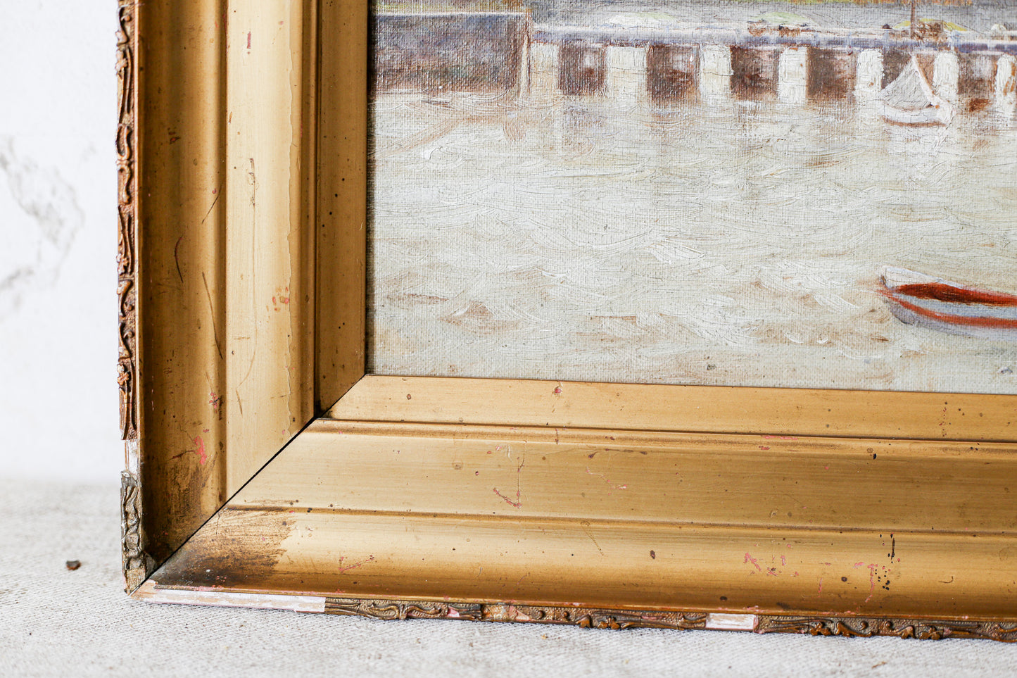 Antique Oil Landscape of Mountains and Lake Harbor