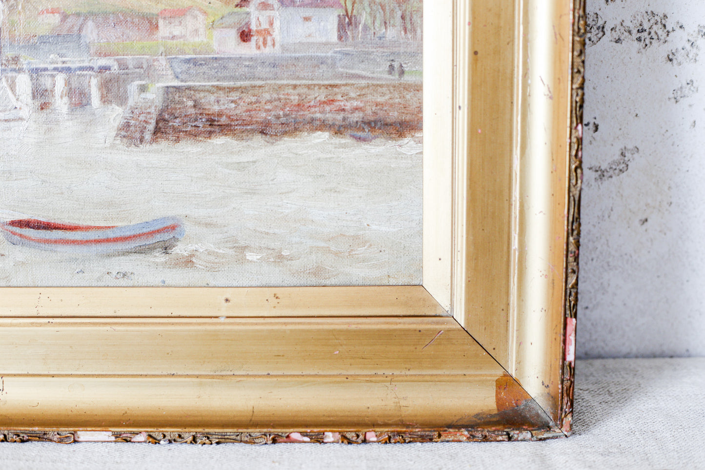 Antique Oil Landscape of Mountains and Lake Harbor