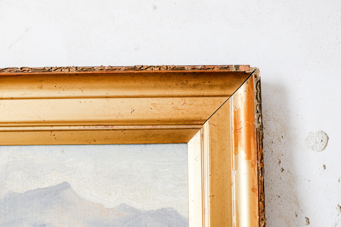 Antique Oil Landscape of Mountains and Lake Harbor