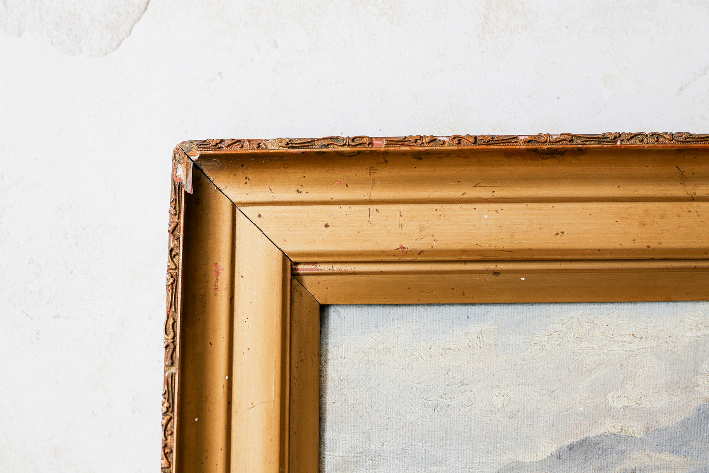 Antique Oil Landscape of Mountains and Lake Harbor