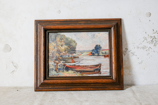 Original Impasto Lake and Boat Oil Painting by DuVivier