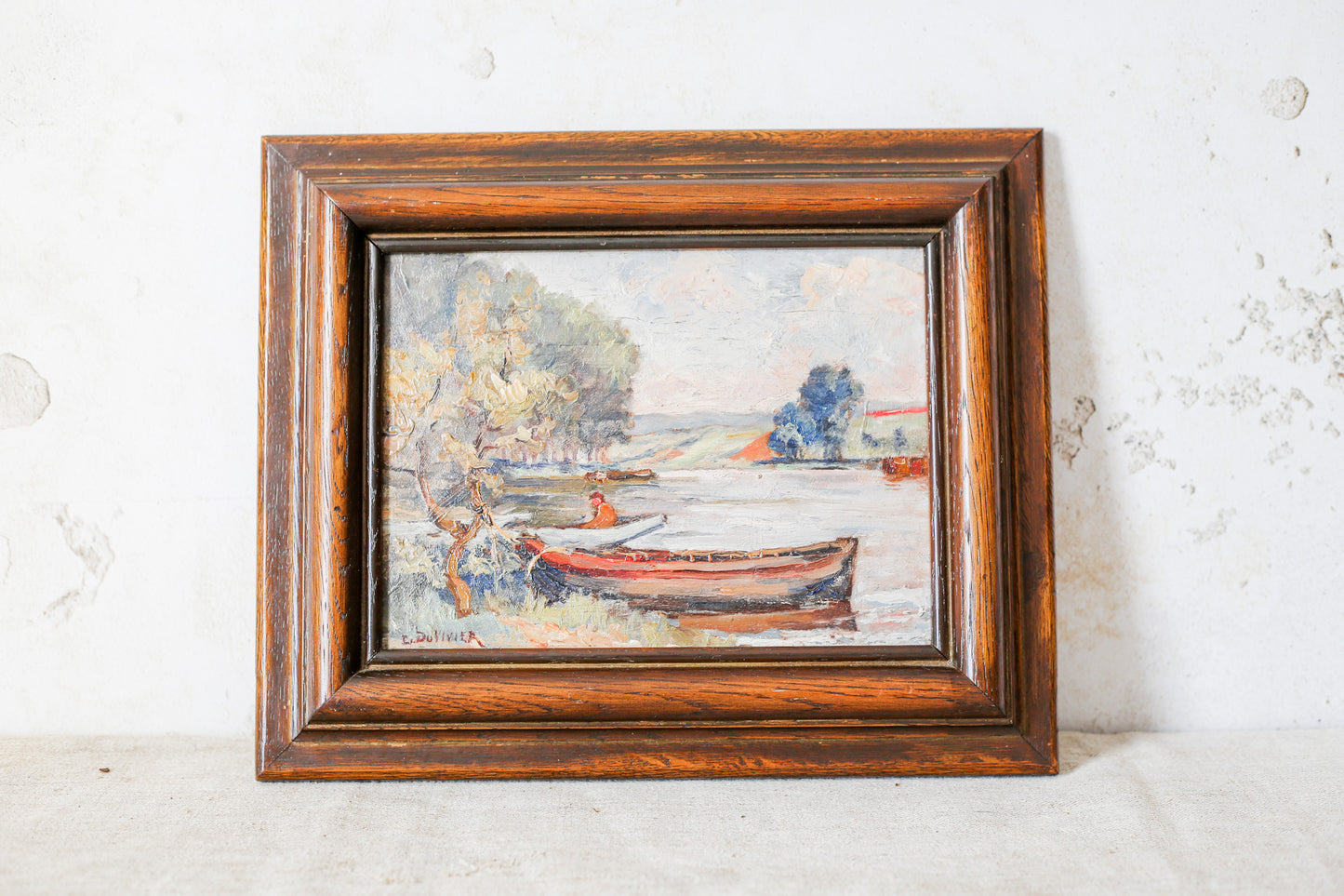 Original Impasto Lake and Boat Oil Painting by DuVivier