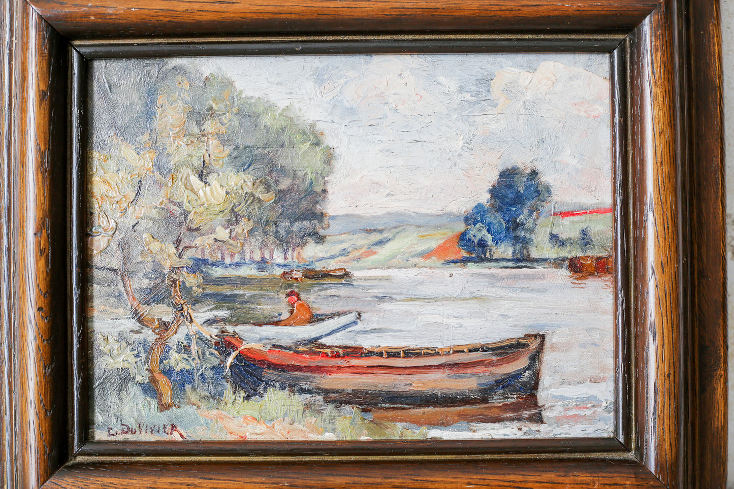 Original Impasto Lake and Boat Oil Painting by DuVivier