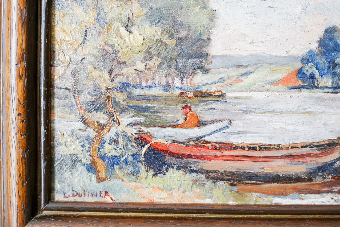 Original Impasto Lake and Boat Oil Painting by DuVivier