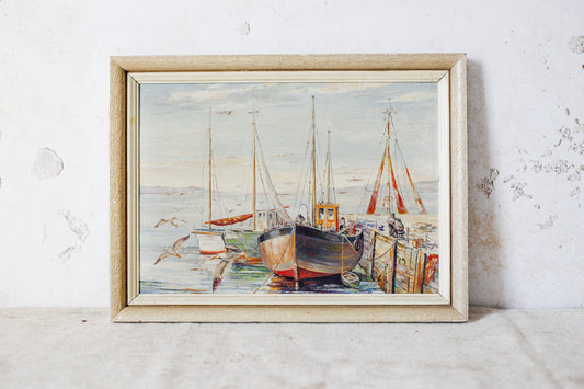 Framed Fishing Boats in Harbor Painting, c1960
