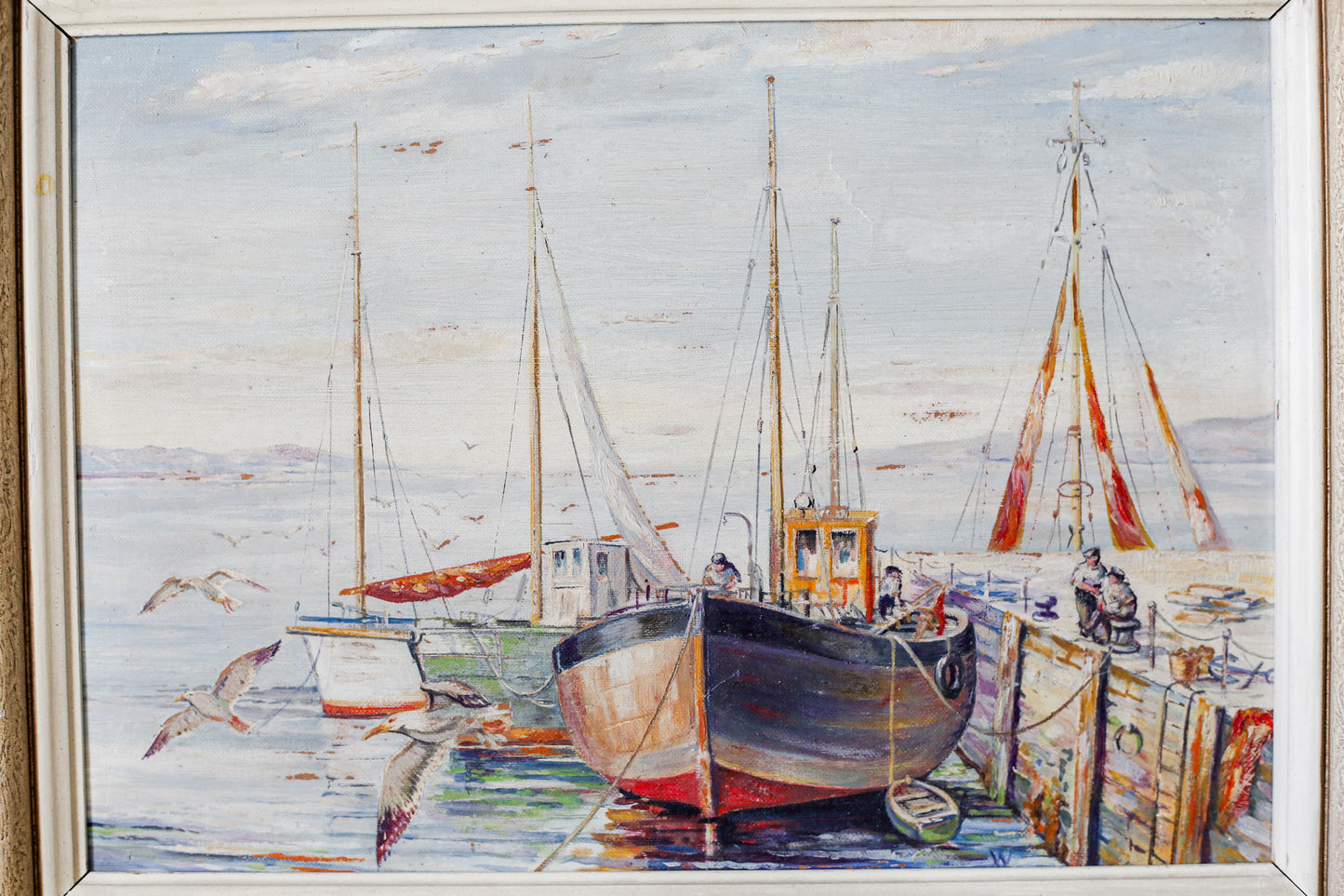 Framed Fishing Boats in Harbor Painting, c1960