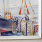 Framed Fishing Boats in Harbor Painting, c1960