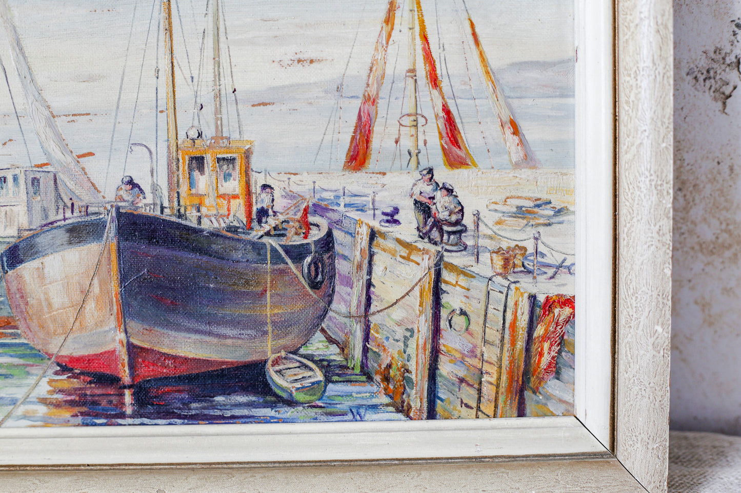 Framed Fishing Boats in Harbor Painting, c1960