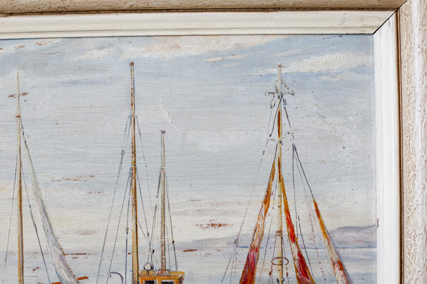 Framed Fishing Boats in Harbor Painting, c1960